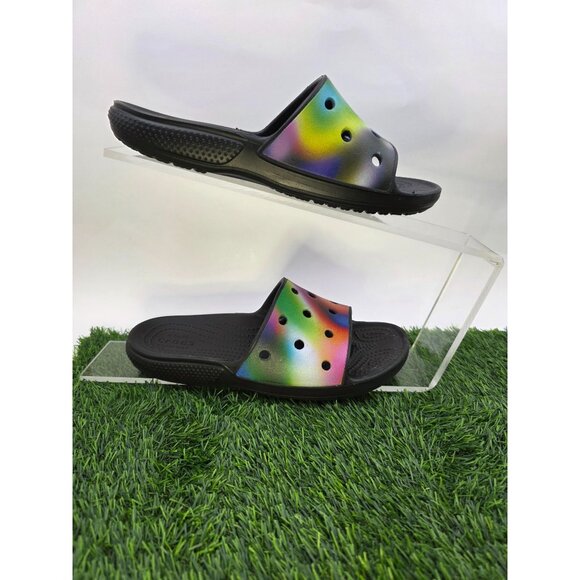 Crocs Classic Slide Sandals Size Black With Rainbow Design Mens sz 6 Womens sz 8 - Picture 1 of 5
